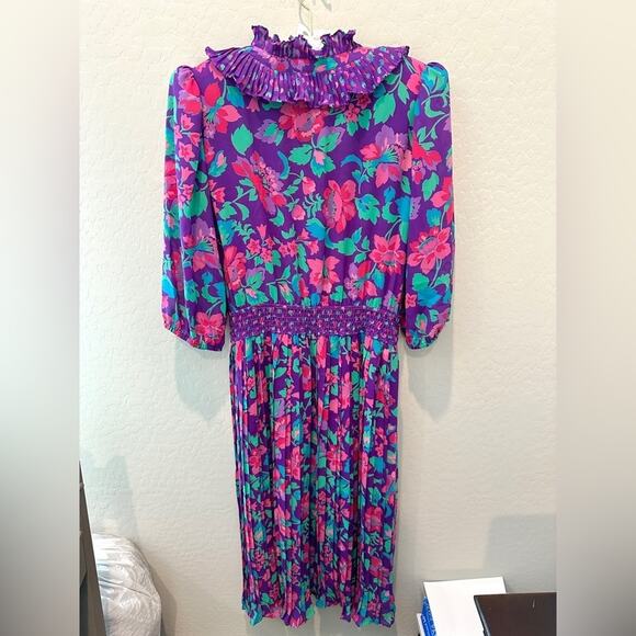 SUSAN FREIS | Vintage 80s Dress Ruffle Floral Midi Purple Cottagecore | Medium - Picture 5 of 7
